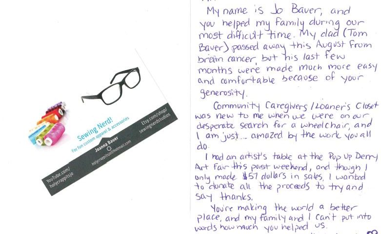 image: scan of thank you letter for loaners closet.
