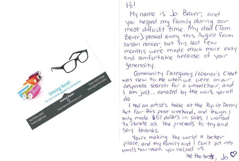 image: scan of thank you letter for loaners closet.
